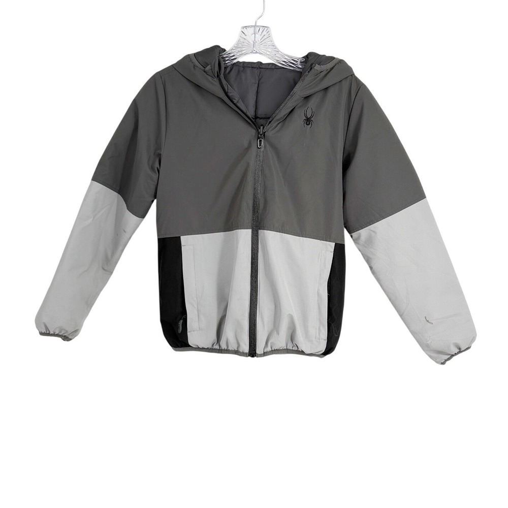Spyder Boys Grey Black Colorblock Hooded Puffer Jacket Size M 10/12 166073